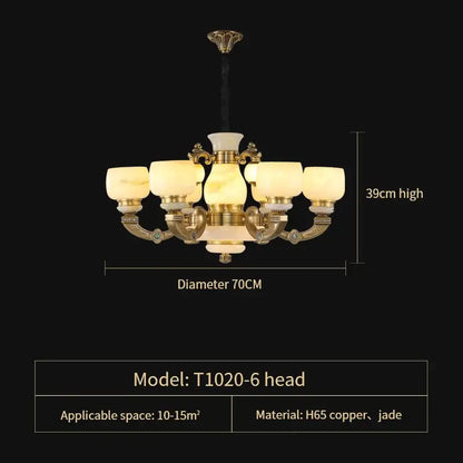 Elegant six-arm decorbites jade chandelier with golden h65 copper frame and translucent jade shades lighting fixture
