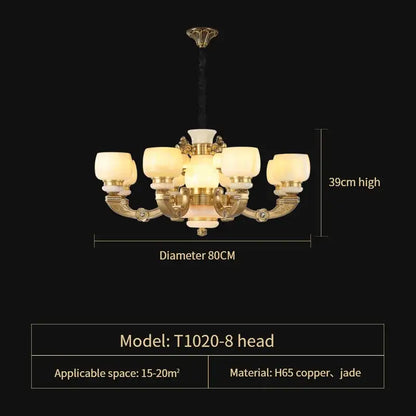 Gold-toned DecorBites jade chandelier with eight frosted glass shades and jade accents for elegant living spaces lighting fixture