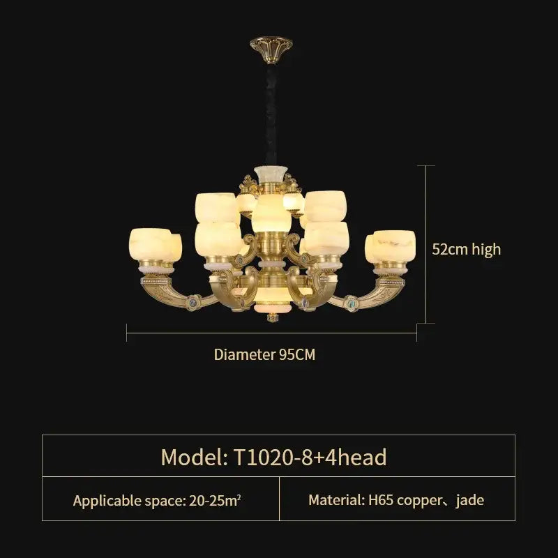 Elegant brass and jade chandelier with eight arms and four lights by DecorBites for living room lighting fixture