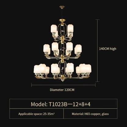 Luxurious decorbites jade chandelier with three tiers gold-toned h65 copper arms black panels and frosted white shades