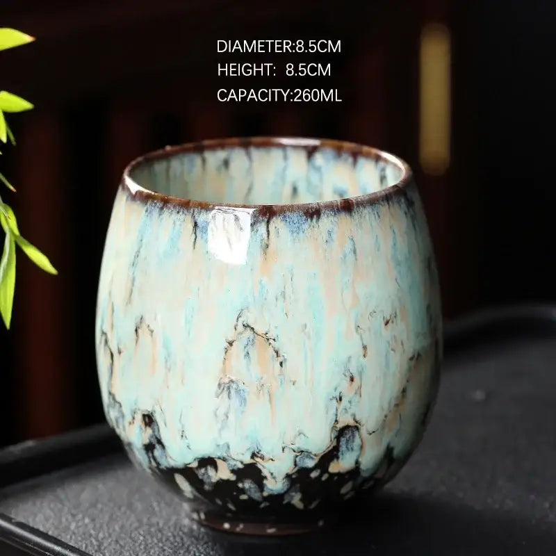 DecorBites™ chinese kiln ceramic coffee cup with mottled turquoise beige glaze and irregular rim in 250ml coffee cup set