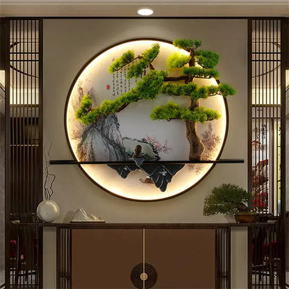 Circular decorbites™ chinese landscape led wall lamp featuring green bonsai tree and ink-wash painting in black frame