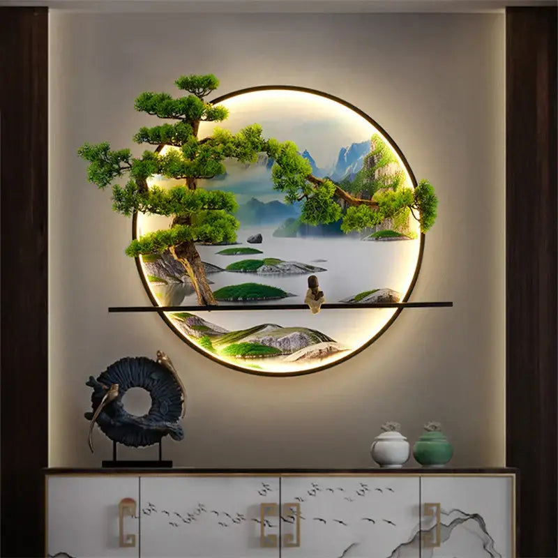 Decorbites™ chinese landscape led wall lamp with circular mountain artwork, glowing light ring, and green pine branches