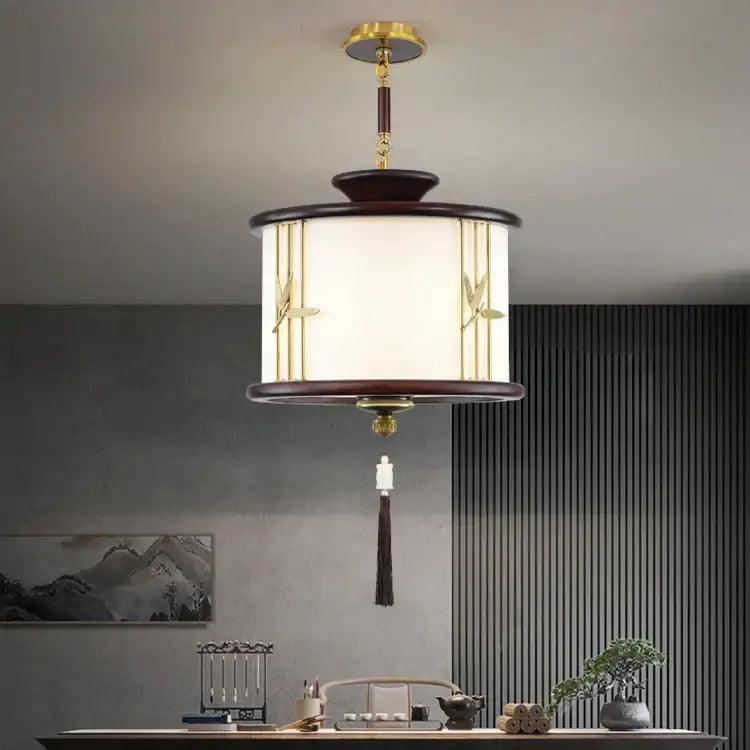 Decorbites chinese lantern chandelier with dark wood frame gold bird motifs frosted glass and hanging black tassel