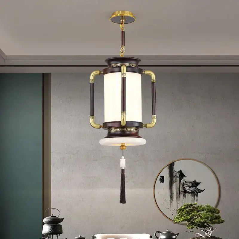 Elegant decorbites chinese lantern chandelier with dark wood frame gold accents and frosted glass for classic living room decor