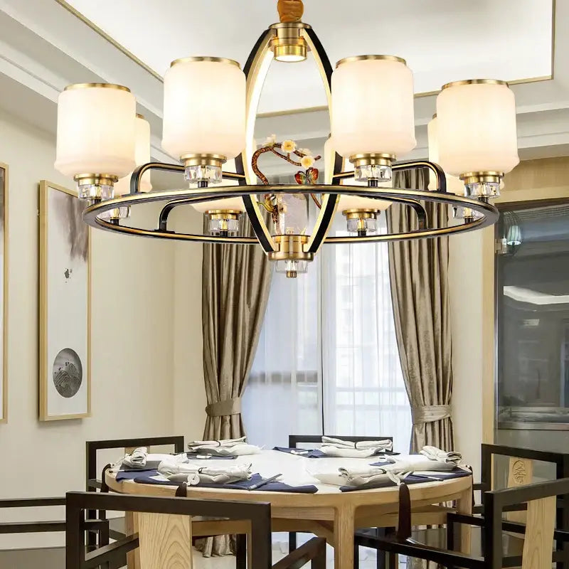 A decorbites natural jade copper chandelier with black and gold frame six frosted glass shades and crystal accents for luxury living room