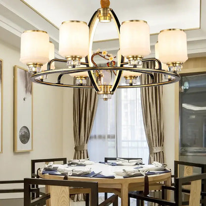 A decorbites natural jade copper chandelier with black and gold frame six frosted glass shades and crystal accents for luxury living room