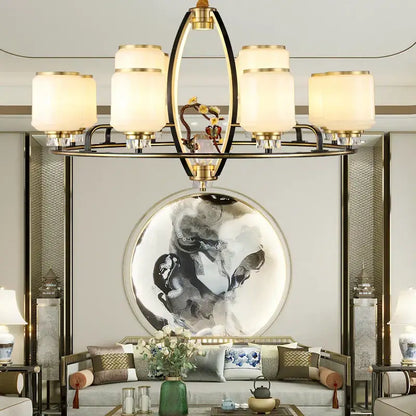Gold-toned copper chandelier with six frosted glass shades and central decorative element for luxury living room by decorbites natural jade