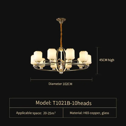 Elegant copper chandelier with ten frosted glass shades and natural jade accents for decorbites luxury living room villa