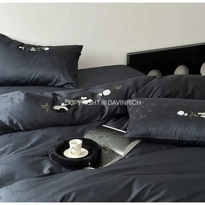 Black satin decorbites™ chinese panda bamboo jacquard duvet cover set with embroidered white and gold motifs