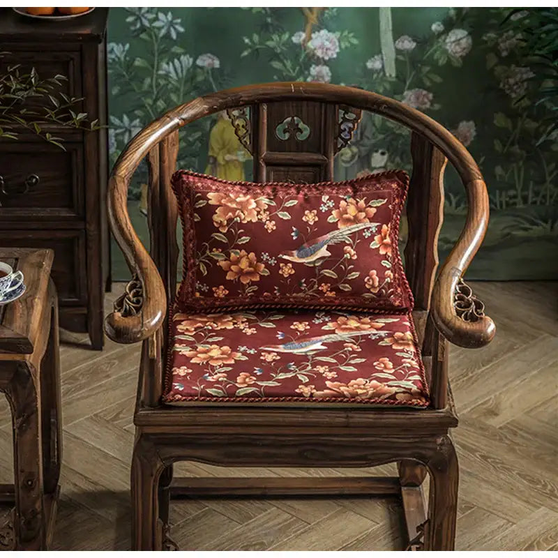 Elegant dark wood chinese-style chair with decorbites chinese peony flower vermilion pillow cover embroidered with birds