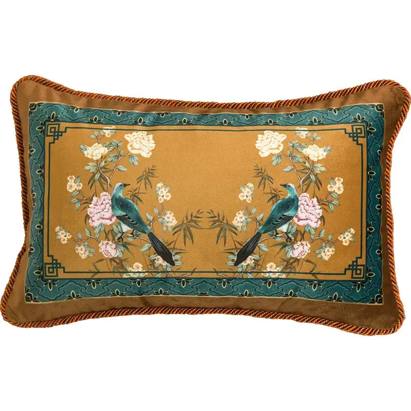 Rectangular pillow cover with decorbites chinese peony flower embroidered teal birds on golden background