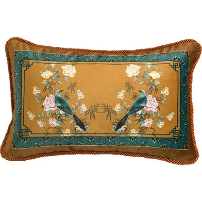 Rectangular pillow cover with decorbites chinese peony flower embroidered teal birds on golden background