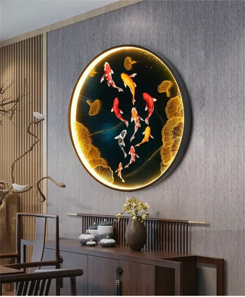 Circular DecorBites™ picture wall decoration lamp with vibrant red koi fish and golden lotus leaves for modern home décor