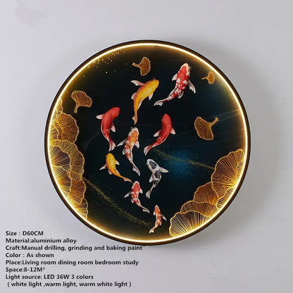 DecorBites™ circular LED picture wall decoration lamp with black background koi fish and golden ginkgo leaf motifs