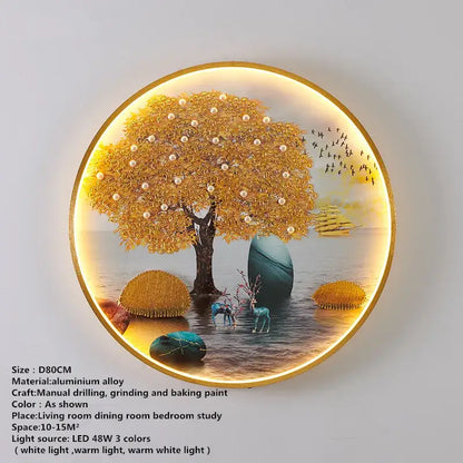 Decorbites™ chinese picture wall decoration lamp with golden tree and deer design in warm modern led lighting
