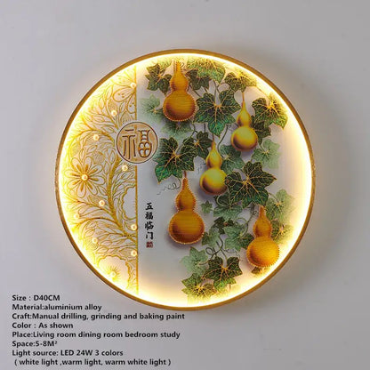 Decorbites™ circular modern led wall decoration lamp with golden gourds green leaves on aluminum alloy base for picture wall