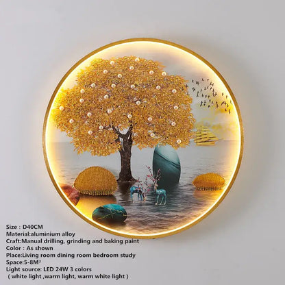 DecorBites™ modern LED circular wall decoration lamp with golden tree pearl leaves and deer for picture wall décor
