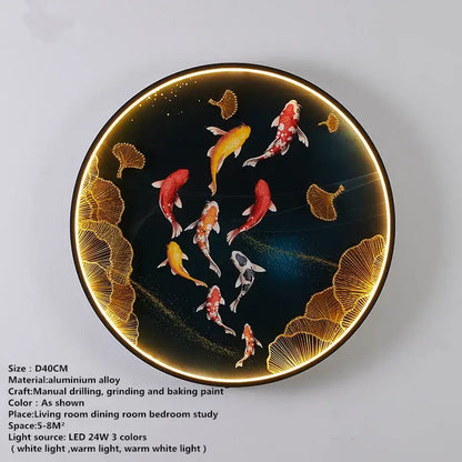 DecorBites™ circular led wall decoration lamp with black background, hand-painted koi fish, and illuminated gold rim
