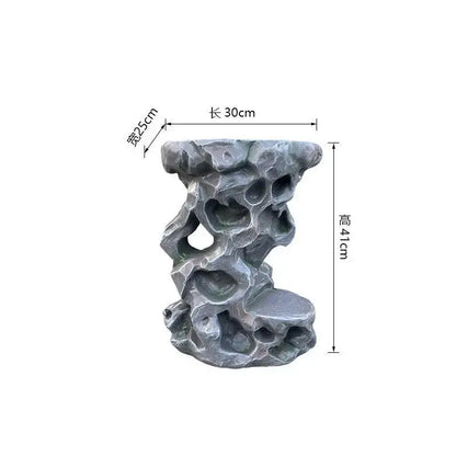 Gray intricately carved resin stone pedestal with natural rock formations for modern minimalist living room decor