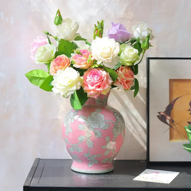 Pink ceramic vase with silver floral patterns holding pink white and lavender roses for decorbites chinese retro decor