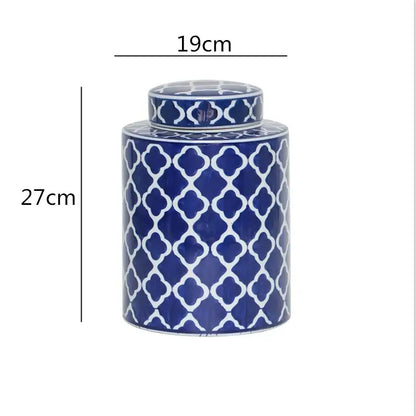 Decorbites chinese retro tall ceramic jar with lid featuring white quatrefoil pattern on deep blue glaze for home décor