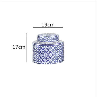 A blue and white ceramic jar with lid featuring intricate patterns from decorbites chinese retro ceramics collection