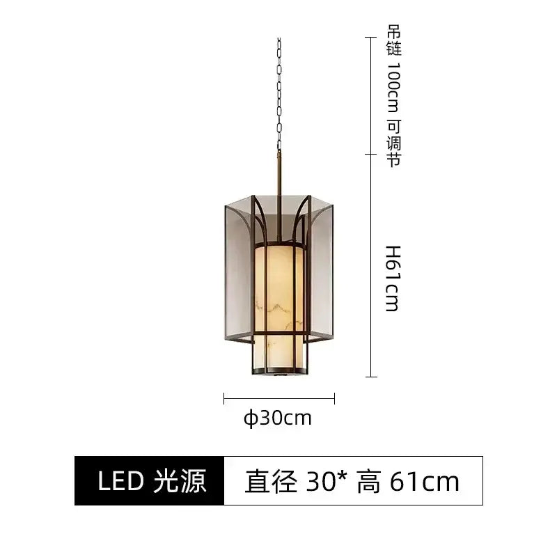 A modern hexagonal decorbites chinese retro chandelier with bronze metal frame and amber glass panels for bedroom and foyer