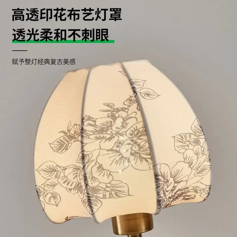 Cream-colored floral-patterned fabric bedside lamp with delicate black line art by decorbites chinese retro patterned design