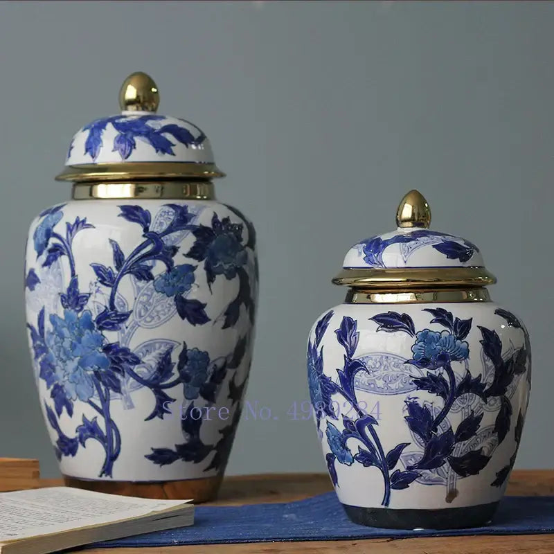 DecorBites™ blue and white porcelain storage tank vase with gold-toned lid for modern home decoration
