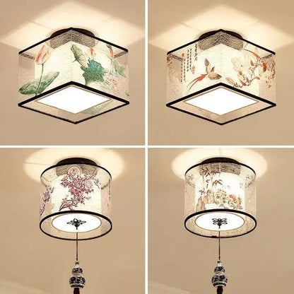 Decorbites chinese style ceiling lamp with black frames and ink wash floral fabric shades for hotel villa corridors