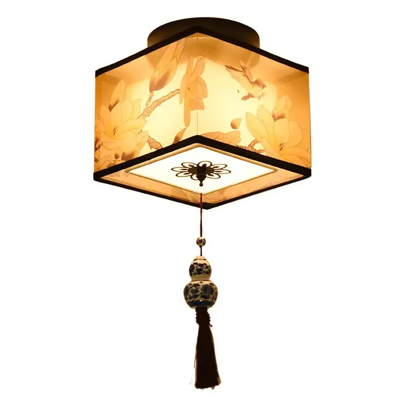 Cylindrical decorbites chinese style ceiling lamp with translucent fabric lotus shade in soft greens and pinks for hotel corridors