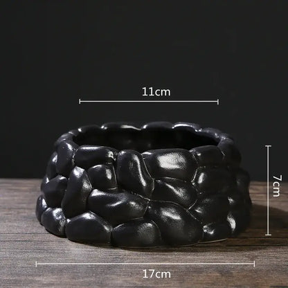 Black ceramic flowerpot vase with textured pebble surface 17cm wide by 7cm tall for bonsai floral decor