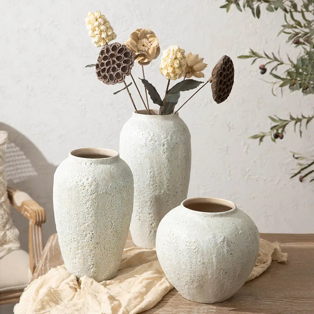 Three off-white textured speckled ceramic vases in chinese style from DecorBites™ for home decor