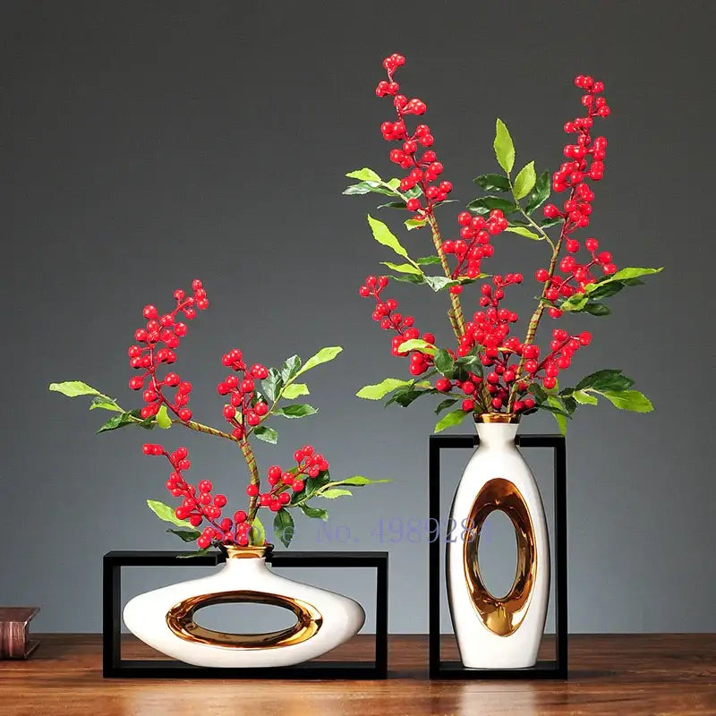 Decorbites chinese style ceramic vase set of white ceramic vases with gold oval accents holding red berries and green leaves
