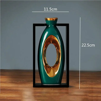 A sleek glossy teal ceramic vase with gold oval cutout and rim from decorbites chinese style collection for home decor