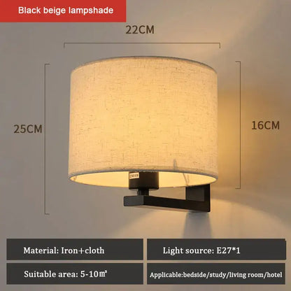 DecorBites™ black beige cloth covered wall lamp with textured fabric and iron bracket for bedroom and living room use