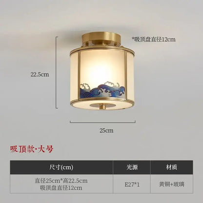 Decorbites™ chinese style copper pendant light with brass finish and blue wave glass shade for living space lighting