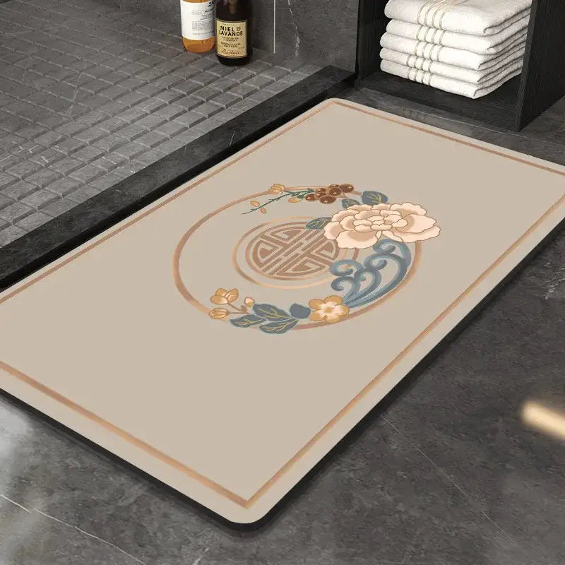 Beige DecorBites Chinese style diatom mud entry door mat with floral design in peach blue and gold tones, super absorbent and anti-slip