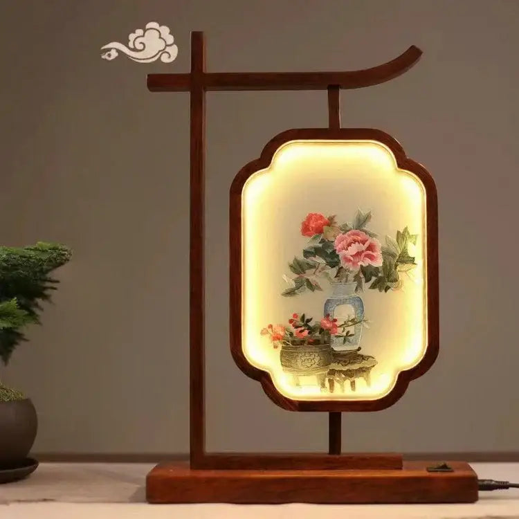 DecorBites™ embroidered desk lamp decoration screen with warm-lit floral panel framed in dark wood for home table decor