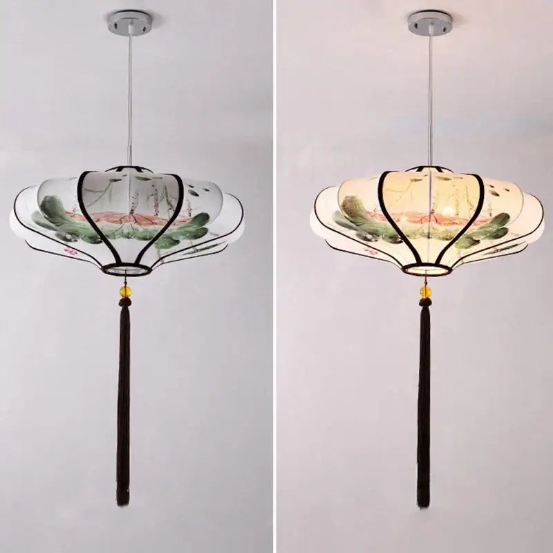 Decorbites chinese style pendant light with hand-painted lotus and landscape scenes in soft greens and earthy tones