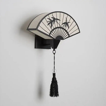 DecorBites™ black and cream iron art wall lamp with bamboo leaf cutouts and tassel for living room and bedroom use