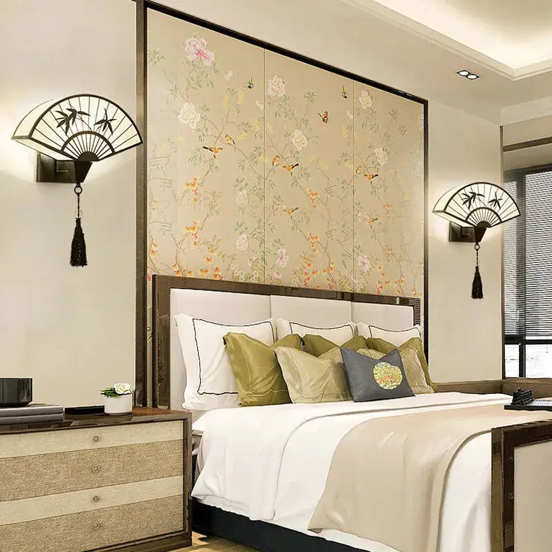 Decorbites™ black iron art wall lamp with fan shape bamboo and star motifs and tassel for living room and bedroom