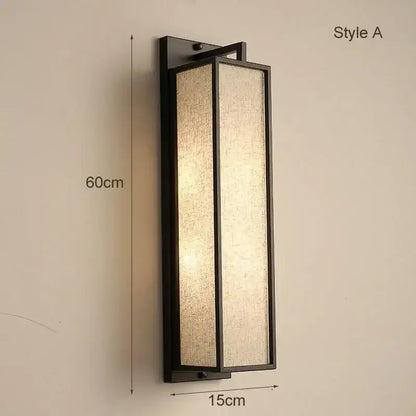 Decorbites chinese style wall lamp with black iron frame and textured beige linen cloth cover for indoor use