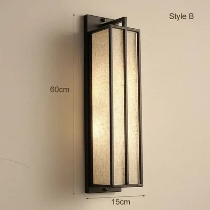 Black metal framed decorbites chinese style wall lamp with textured beige linen cloth cover and iron art design