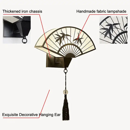 Decorbites chinese style wall sconce iron art fan-shaped cream fabric shade with bamboo embroidery and black tassel