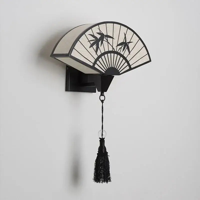 Decorbites chinese style iron art wall sconce in black and cream with bamboo cutouts tassel and glass bead for living room