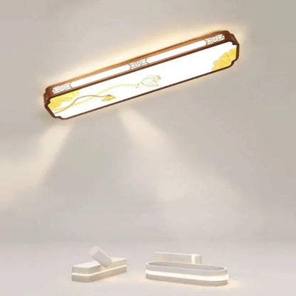 Decorbites™ chinese style rectangular led ceiling light with brown metallic frame and yellow floral frosted glass panel