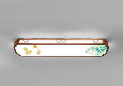 Decorbites™ chinese style led ceiling lights with brown wooden frame and gold teal wave patterns for entrance balcony