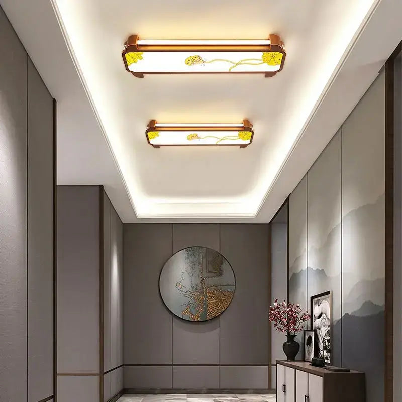 Rectangular decorbites™ led ceiling light with wooden frames and yellow floral enamel panels for entrance balcony